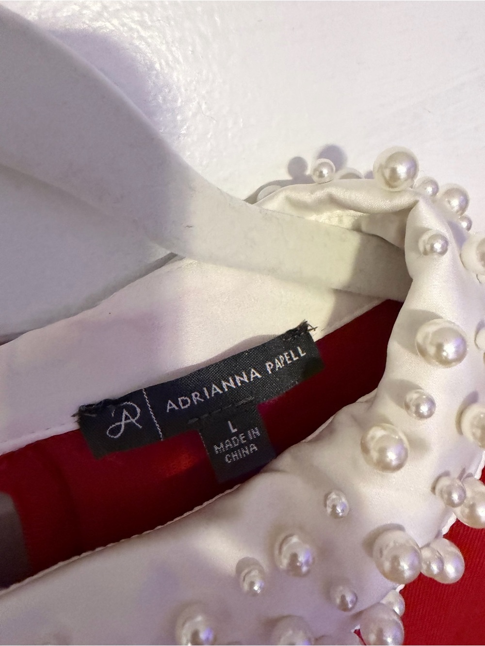 Adrianna Papell Red Knit Top with Pearl-Studded Ivory Collar - Picture 3 of 8